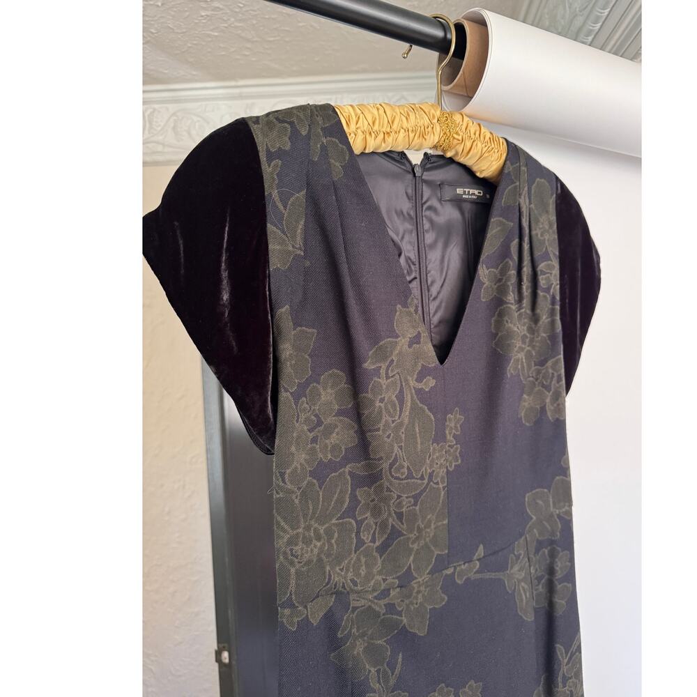 Etro Floral Wool Midi Sheath Dress with Velvet Sleeves
